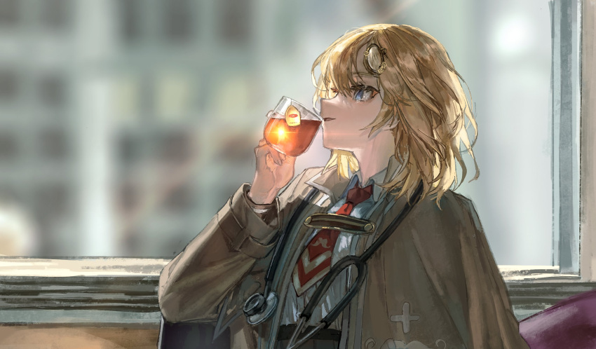 1girl blonde_hair blue_eyes blurry blurry_background capelet collared_shirt cup drinking hair_ornament highres holding holding_cup hololive hololive_english kermit_the_frog looking_up meme monocle_hair_ornament necktie quasarcake red_neckwear shirt shirt_tucked_in short_hair short_necktie solo stethoscope watson_amelia white_shirt