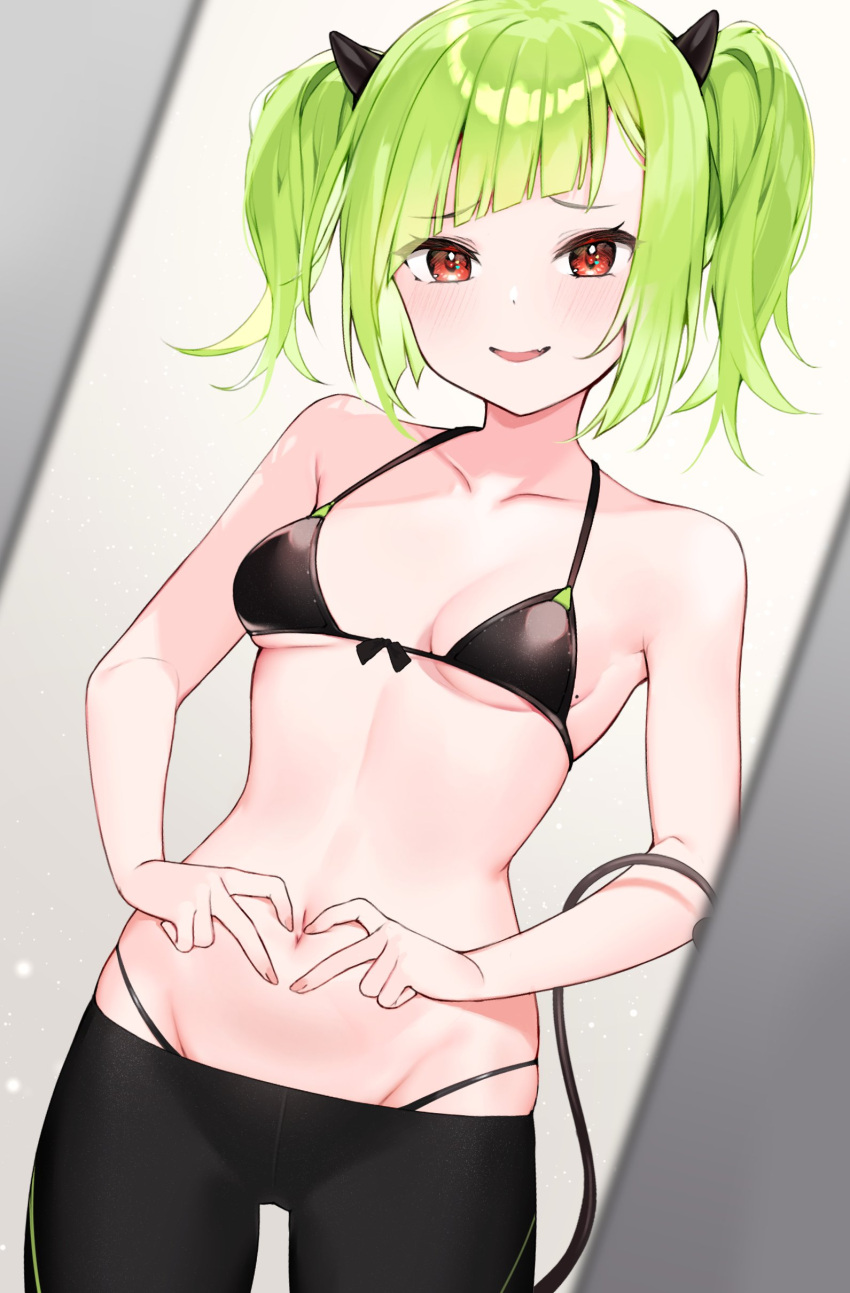1girl absurdres bangs breasts commission delutaya diagonal_bangs eyebrows_visible_through_hair green_hair highres horns hoshi_usagi indie_virtual_youtuber leggings looking_at_viewer navel open_mouth red_eyes small_breasts solo tail twintails utaite_(singer) virtual_youtuber