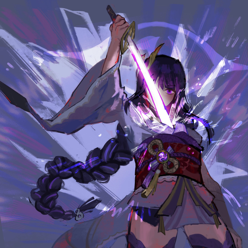 1girl arm_up bangs braid breasts commentary covered_mouth dinogranola english_commentary eyebrows_visible_through_hair genshin_impact glowing glowing_sword glowing_weapon hair_ornament highres holding holding_sword holding_weapon japanese_clothes katana kimono long_hair long_sleeves looking_at_viewer medium_breasts one_eye_covered purple_hair raiden_(genshin_impact) sash sheath simple_background solo sword tassel unsheathing violet_eyes vision_(genshin_impact) weapon wide_sleeves