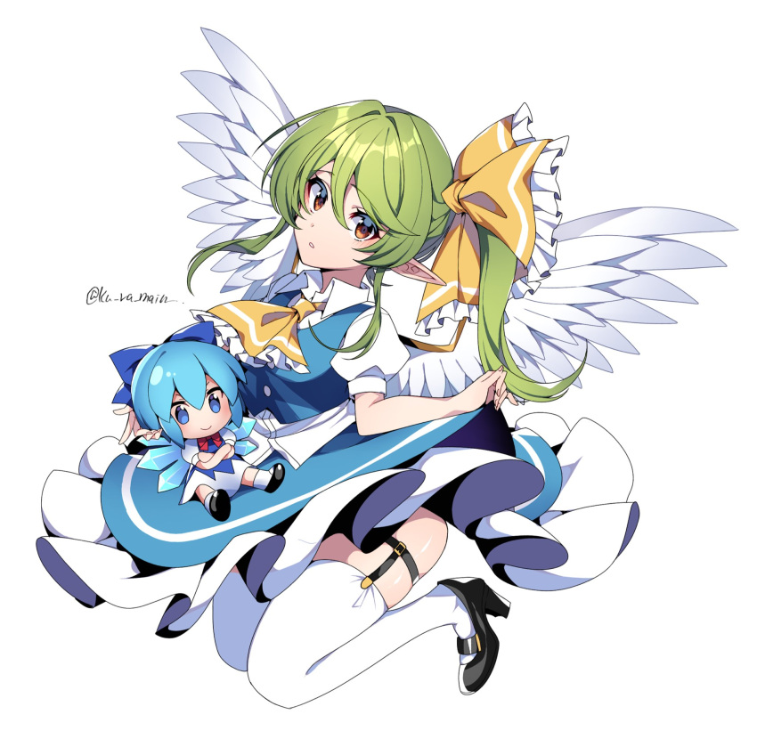 1girl angel_wings ascot bangs black_footwear blue_bow blue_dress blue_eyes blue_hair bow brown_eyes cirno crossed_arms daiyousei doll dress eyebrows_visible_through_hair full_body garter_straps green_hair hair_bow hat hat_bow high_heels highres holding holding_clothes holding_dress ice ice_wings kuroshirase long_hair looking_at_viewer pinafore_dress pointy_ears puffy_short_sleeves puffy_sleeves red_neckwear shirt short_sleeves side_ponytail simple_background solo thigh-highs touhou twitter_username white_background white_legwear white_shirt white_wings wings yellow_bow yellow_neckwear