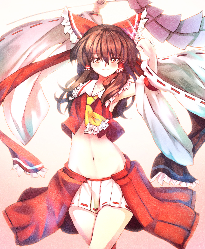1girl armpits arms_up bangs blush bow brown_hair closed_mouth collar detached_sleeves eyebrows_visible_through_hair gohei gradient gradient_background hair_between_eyes hair_tubes hakurei_reimu hands_up highres long_sleeves looking_at_viewer medium_hair multicolored multicolored_clothes multicolored_skirt needle red_bow red_eyes red_skirt red_vest skirt smile solo standing stomach sunyup touhou vest white_collar white_skirt white_sleeves yellow_neckwear