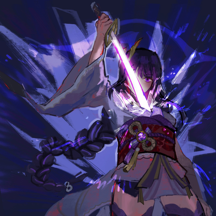 1girl arm_up bangs braid breasts commentary covered_mouth dinogranola english_commentary eyebrows_visible_through_hair genshin_impact glowing glowing_sword glowing_weapon hair_ornament highres holding holding_sword holding_weapon japanese_clothes katana kimono long_hair long_sleeves looking_at_viewer medium_breasts one_eye_covered purple_hair raiden_(genshin_impact) sash sheath simple_background solo sword tassel unsheathing violet_eyes vision_(genshin_impact) weapon wide_sleeves