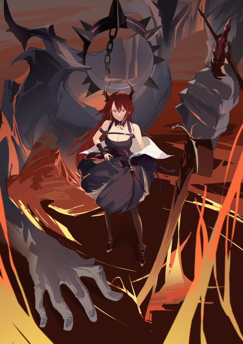 1girl absurdres arknights collar demon demon_girl demon_horns dress hand_on_hip highres holding horns huge_filesize jacket looking_at_viewer redhead shenling22 spiked_collar spikes standing surtr_(arknights) sword thigh-highs violet_eyes weapon