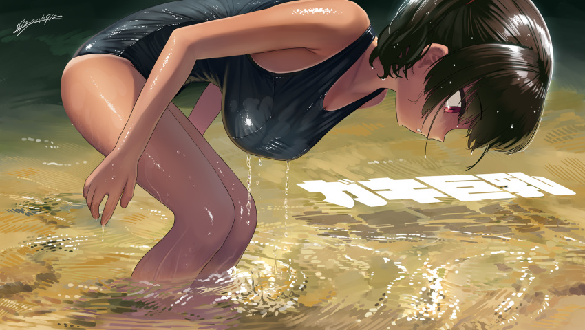1girl bent_over black_hair black_swimsuit breasts commentary_request hanging_breasts highres kaedeko_(kaedelic) large_breasts one-piece_swimsuit oppai_loli original red_eyes revision saki_sasaki_(kaedeko) school_swimsuit short_hair signature solo squatting swimsuit twintails wading water wet wet_hair