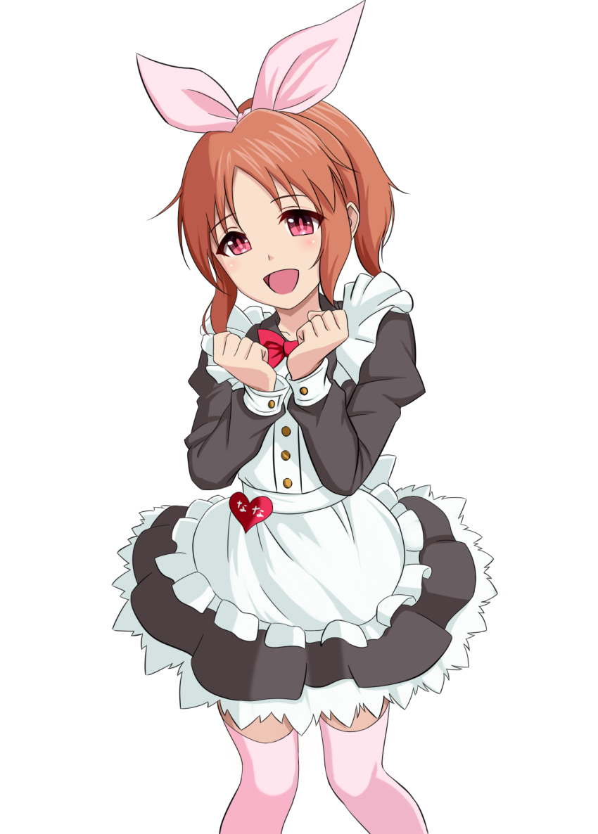 1girl :d abe_nana apron bangs black_dress blush bow brown_hair commentary_request dress eyebrows_visible_through_hair frilled_apron frills hair_ribbon hands_up heart highres idolmaster idolmaster_cinderella_girls juliet_sleeves long_sleeves looking_at_viewer maid_apron open_mouth parted_bangs pink_lips pink_ribbon pleated_dress ponytail puffy_sleeves red_bow red_eyes ribbon simple_background smile solo taka_(takahirokun) thigh-highs translation_request white_apron white_background