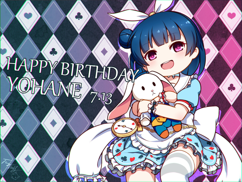 1girl :d alice_(alice_in_wonderland) alice_(alice_in_wonderland)_(cosplay) alice_in_wonderland bangs blue_dress blue_hair blue_headwear club_(shape) commentary_request cosplay dated diamond_(shape) dress eyebrows_visible_through_hair feet_out_of_frame frilled_dress frilled_sailor_collar frills hair_bun hair_ribbon happy_birthday hat head_tilt heart langbazi looking_at_viewer love_live! love_live!_sunshine!! mini_hat object_hug open_mouth pocket_watch puffy_short_sleeves puffy_sleeves ribbon sailor_collar sailor_dress short_sleeves side_bun signature smile solo spade_(shape) striped striped_legwear stuffed_animal stuffed_bunny stuffed_toy thigh-highs tsushima_yoshiko upper_teeth violet_eyes watch white_rabbit_(alice_in_wonderland) white_ribbon white_sailor_collar