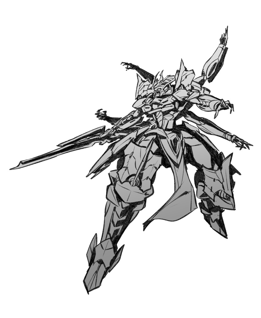 absurdres extra_arms greyscale highres holding holding_sword holding_weapon ikaruga_(knight's_&amp;_magic) ishiyumi knight's_&amp;_magic looking_to_the_side mecha monochrome no_humans open_hands pelvic_curtain science_fiction solo sword weapon white_background