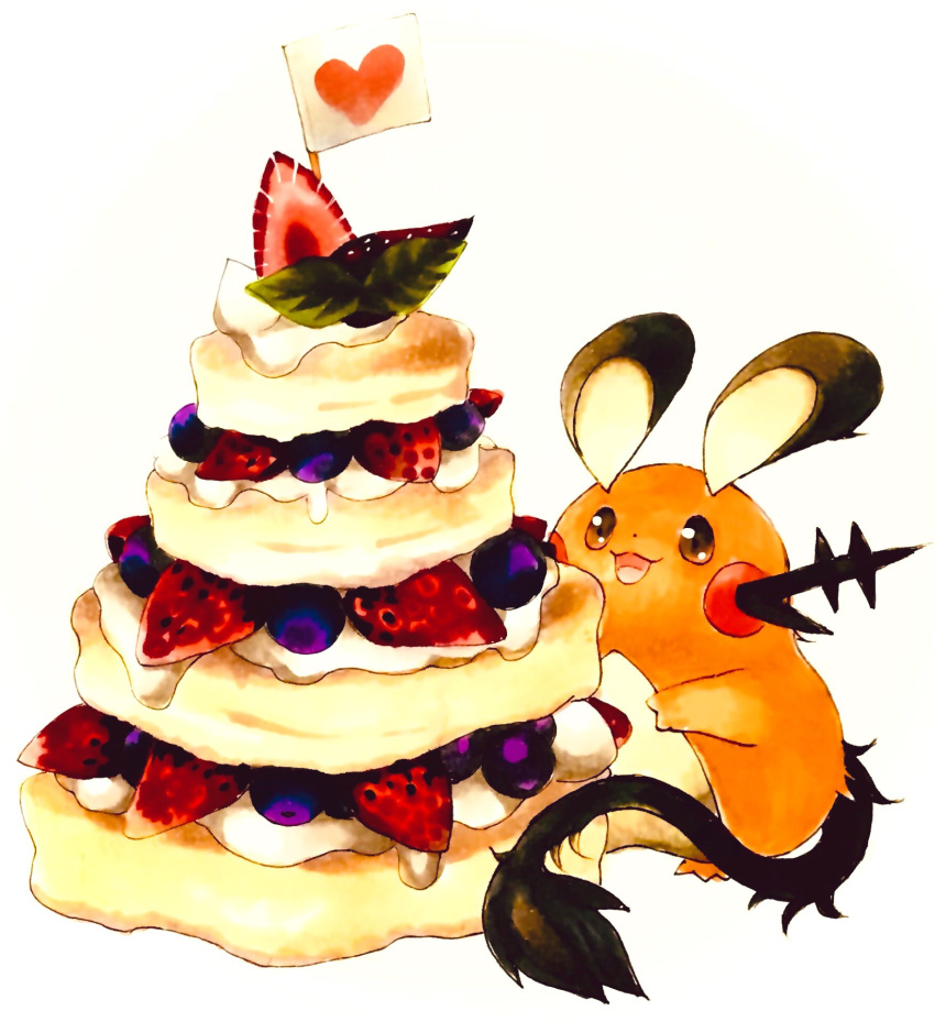 :3 animal_focus blueberry blush_stickers brown_eyes commentary_request cream dedenne dessert flag food fruit full_body gen_6_pokemon happy heart highres leaf looking_up marker_(medium) mini_flag mint mofuo no_humans open_mouth pancake pokemon pokemon_(creature) simple_background smile solo standing strawberry traditional_media white_background