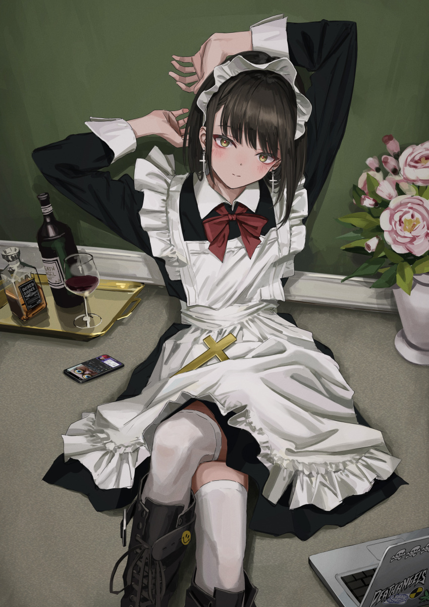 1girl absurdres alcohol ankle_boots apron black_dress blush bob_cut boots bottle bow bowtie brown_eyes brown_hair closed_mouth computer cross cross-laced_footwear cross_earrings crossed_legs cup dress drinking_glass earrings flower glass hands_up highres jewelry laptop latin_cross long_sleeves looking_at_viewer maid maid_headdress medium_hair nadegata original pink_flower red_bow red_neckwear red_pupils sitting smile solo thigh-highs tray whiskey white_apron white_legwear wine_bottle wine_glass