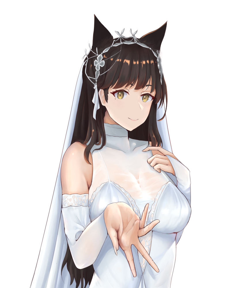 1girl animal_ears atago_(azur_lane) azur_lane breasts bridal_veil brown_hair closed_mouth cozie178 dress eyebrows_visible_through_hair fingernails hand_on_breast highres large_breasts long_hair looking_at_viewer mole mole_under_eye smile solo veil wedding_dress white_background white_dress yellow_eyes