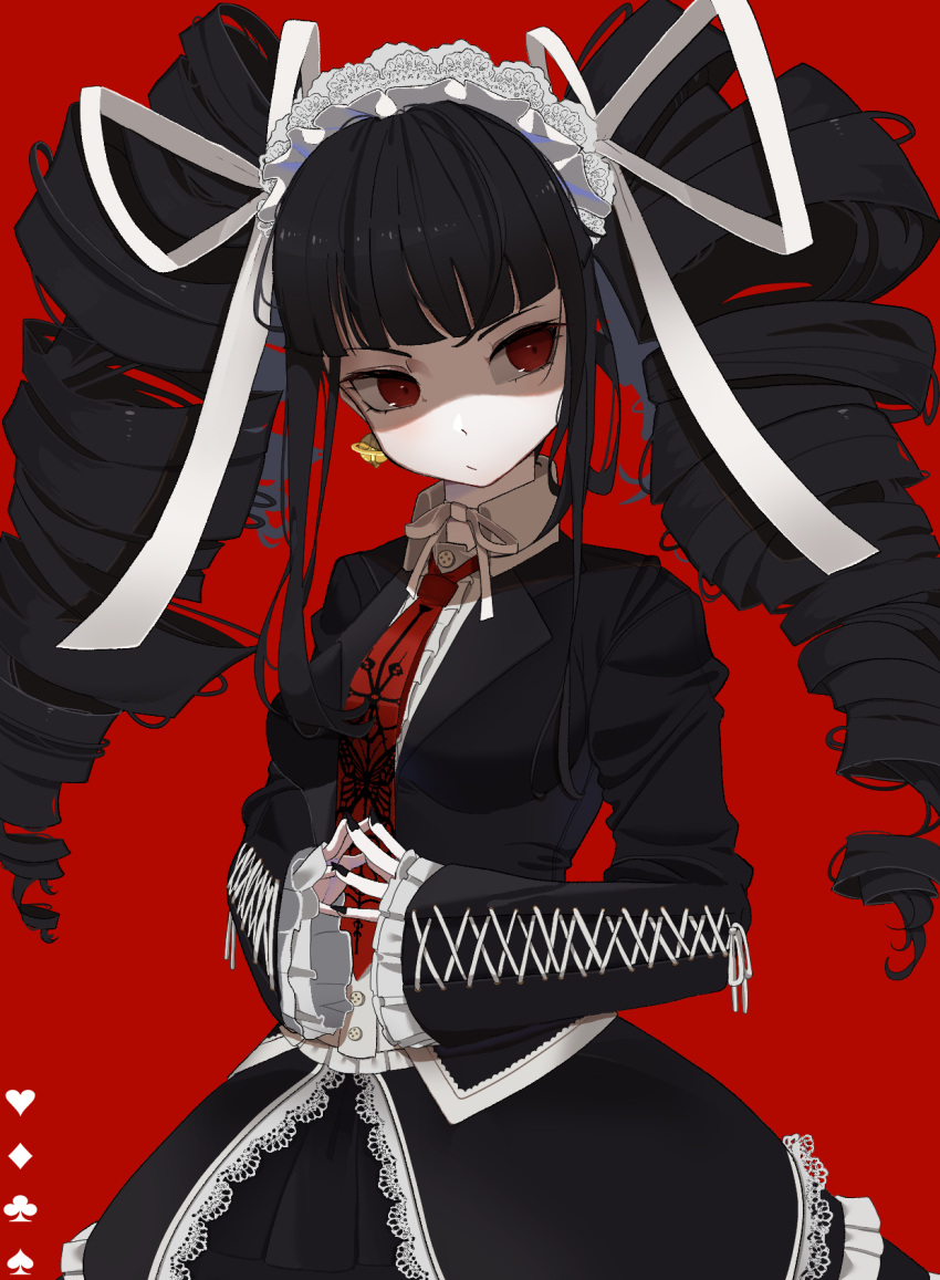 1girl bangs black_hair black_skirt blunt_bangs bonnet card celestia_ludenberg center_frills commentary dangan_ronpa:_trigger_happy_havoc dangan_ronpa_(series) drill_hair earrings fingers_together frills gothic_lolita heart highres jacket jewelry lace_trim lolita_fashion long_hair long_sleeves looking_at_viewer nail_polish necktie print_neckwear red_background red_eyes red_neckwear ribbon shirt simple_background skirt smile solo togeticisa twin_drills twintails white_shirt