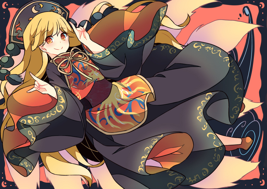 1girl absurdres bangs belt black_background black_dress black_headwear black_sleeves blonde_hair bow brown_belt chinese_clothes closed_mouth crescent dress energy eyebrows_visible_through_hair hair_between_eyes hands_up hat haya_taro_pochi highres holding junko_(touhou) long_hair long_sleeves orange_eyes pom_pom_(clothes) red_background red_footwear red_vest shoes smile solo touhou vest water wide_sleeves yellow_bow yellow_neckwear