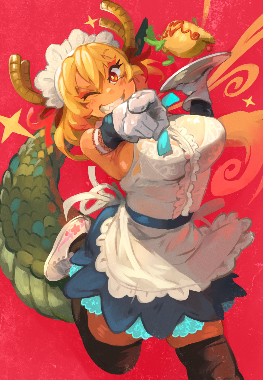 1girl alternate_hairstyle apron black_legwear blonde_hair blue_skirt bra bra_through_clothes breasts dragon_girl dragon_horns dragon_tail food gloves heart highres horns kobayashi-san_chi_no_maidragon large_breasts leg_up long_hair looking_at_viewer maid maid_apron maid_headdress official_alternate_costume official_alternate_hairstyle omurice one_eye_closed plate red_background ribbon scales scrooge_mckhyle sharp_teeth shoes skirt smile star_(symbol) tail teeth tohru_(maidragon) underwear white_bra white_footwear white_gloves