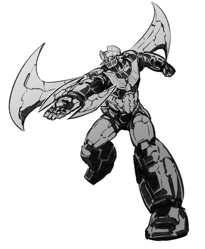 absurdres clenched_hand greyscale highres ishiyumi looking_to_the_side mazinger_(series) mazinger_z mazinger_z:_infinity mazinger_z_(mecha) mecha mechanical_wings monochrome no_humans open_hand running solo super_robot white_background wings