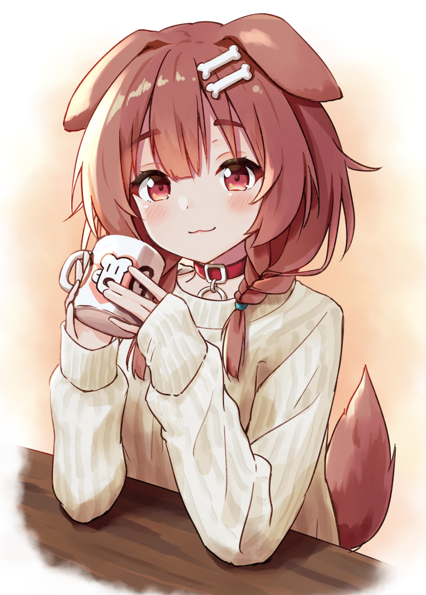 1girl :3 animal_ears bangs blush bone_hair_ornament braid brown_hair brown_sweater cartoon_bone closed_mouth collar commentary_request cup dog_ears dog_girl dog_tail eyebrows_visible_through_hair hair_between_eyes hair_ornament hair_over_shoulder hands_up highres holding holding_cup hololive hoso-inu inugami_korone long_sleeves looking_at_viewer minazuki_mizu mug red_collar red_eyes ribbed_sweater sleeves_past_wrists smile solo sweater tail tail_raised thick_eyebrows twin_braids upper_body virtual_youtuber