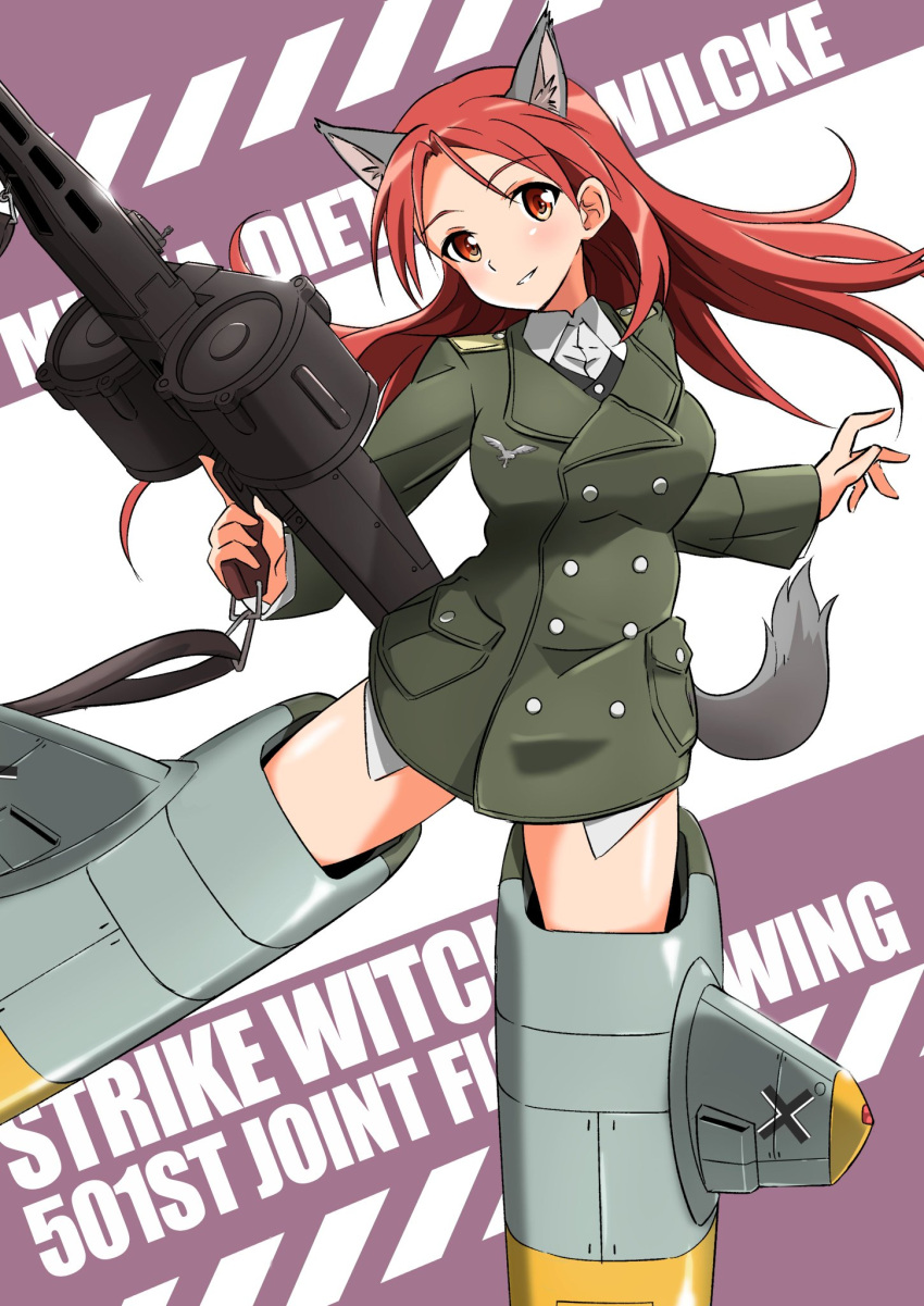 1girl animal_ears brown_hair character_name collared_shirt copyright_name full_body gun highres long_hair looking_at_viewer machine_gun mg42 military military_jacket military_uniform minna-dietlinde_wilcke red_eyes shirt solo strike_witches striker_unit tail tricky_46 uniform weapon wolf_ears wolf_tail world_witches_series