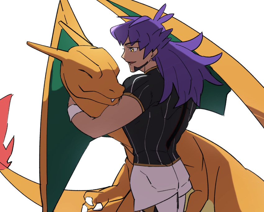 1boy bangs champion_uniform charizard claws closed_eyes closed_mouth dark-skinned_male dark_skin facial_hair fang fang_out fire flame gen_1_pokemon highres holding holding_pokemon leggings leon_(pokemon) long_hair male_focus morio_(poke_orio) open_mouth pokemon pokemon_(creature) pokemon_(game) pokemon_swsh purple_hair shirt short_shorts short_sleeves shorts simple_background smile tongue white_background white_legwear white_shorts white_wristband yellow_eyes