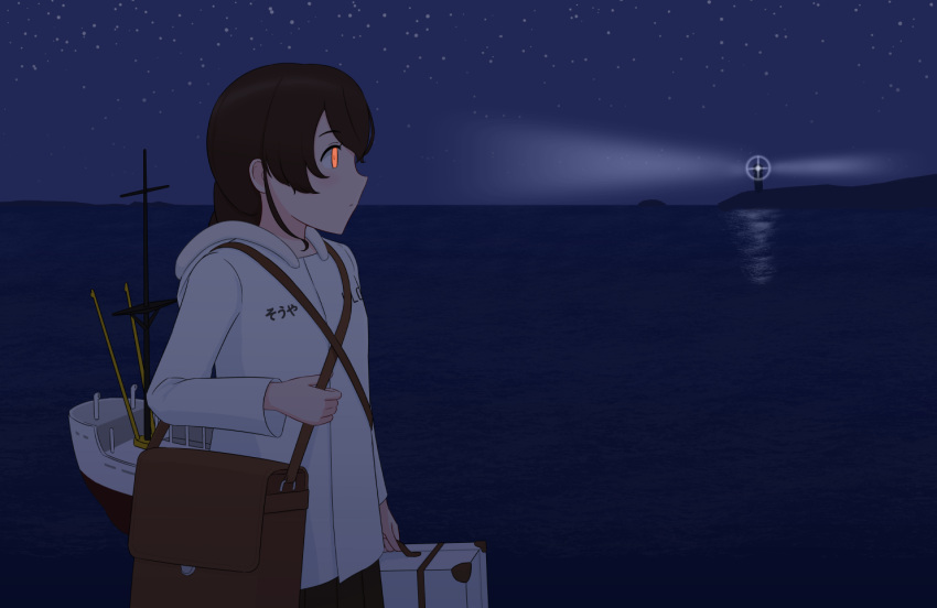 1girl bag bangs braid briefcase brown_hair closed_mouth clothes_writing from_side geometrie holding jacket kantai_collection lighthouse long_hair long_sleeves night ocean orange_eyes outdoors pleated_skirt profile rigging single_braid skirt sky solo souya_(kancolle) star_(sky) white_jacket