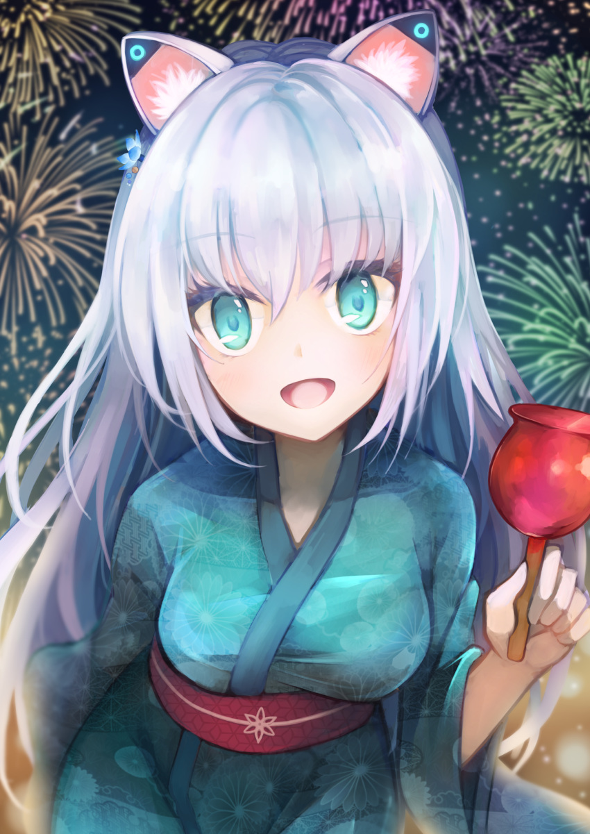 1girl :d aerial_fireworks animal_ears bangs blue_kimono breasts candy_apple commentary_request eyebrows_visible_through_hair fake_animal_ears fireworks floral_print food green_eyes hair_between_eyes highres holding holding_food japanese_clothes kimono long_hair long_sleeves looking_at_viewer medium_breasts obi open_mouth otogi_kyouka print_kimono sash silver_hair smile solo very_long_hair virtual_youtuber vrchat wide_sleeves