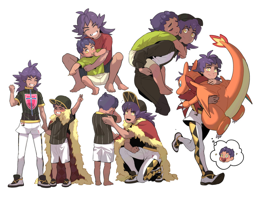 2boys arm_up bangs barefoot baseball_cap brothers cape carrying champion_uniform character_doll charizard clenched_hand closed_eyes commentary_request dark-skinned_male dark_skin fur-trimmed_cape fur_trim gen_1_pokemon grin hand_up hat highres hop_(pokemon) korean_commentary leggings leon_(pokemon) long_hair lower_teeth male_focus multiple_boys open_mouth pokemon pokemon_(game) pokemon_swsh purple_hair red_cape redlhzz shield_print shirt shoes short_hair short_shorts short_sleeves shorts siblings smile spread_legs standing sword_print teeth thought_bubble toes v white_legwear white_shorts yellow_eyes younger