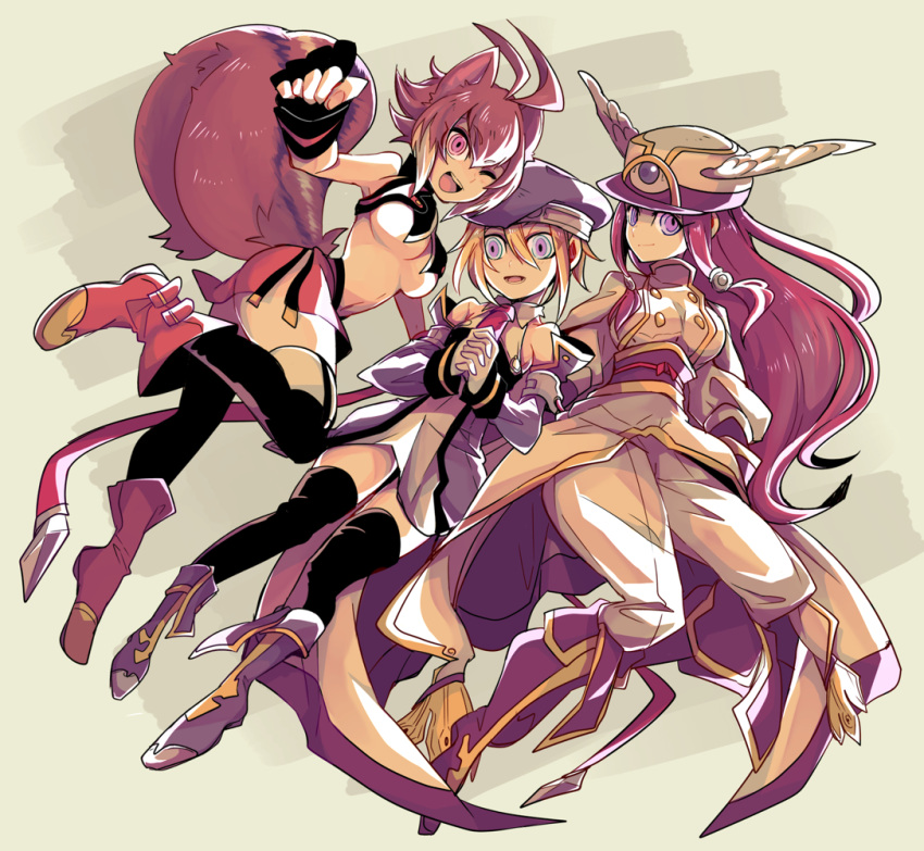3girls :d animal_ears antenna_hair backless_outfit bare_shoulders beret black_legwear blazblue blonde_hair blue_eyes breasts brown_hair detached_sleeves fingerless_gloves gloves green_eyes hair_tubes hands_clasped happy hat large_breasts long_hair mako_gai makoto_nanaya military_hat multicolored_hair multiple_girls navel necktie noel_vermillion open_mouth orange_skirt own_hands_together redhead revealing_clothes short_hair skirt small_breasts smile squirrel_ears squirrel_girl squirrel_tail tail thigh-highs tsubaki_yayoi two-tone_hair under_boob uniform violet_eyes