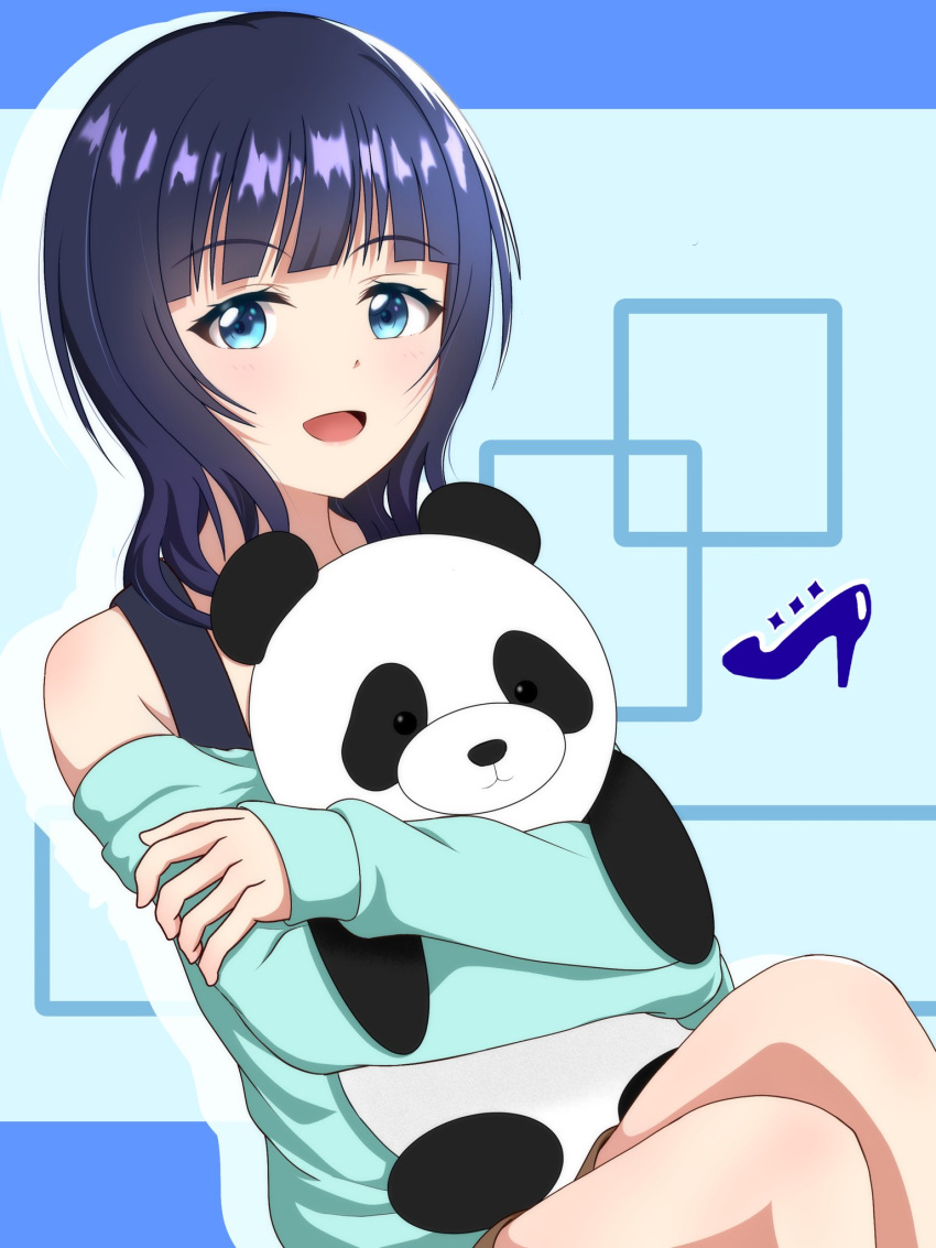 1girl asaka_karin bangs black_hair blue_background blue_eyes blue_hair doll highres love_live! love_live!_nijigasaki_high_school_idol_club medium_hair nunun_dolphin off_shoulder open_mouth panda simple_background solo swept_bangs