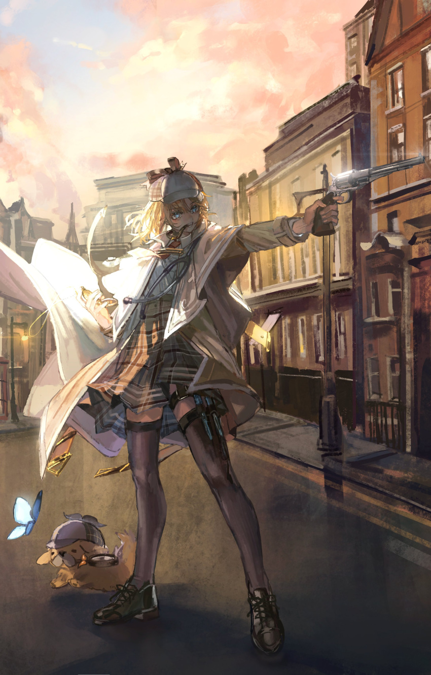 1girl absurdres aiming bangs blonde_hair blue_butterfly blue_eyes brown_skirt bubba_(watson_amelia) bug building butterfly capelet clouds deerstalker dog floating_hair gun hat high-waist_skirt highres holding holding_gun holding_weapon hololive hololive_english insect magnifying_glass pipe_in_mouth quasarcake revolver skirt sky solo virtual_youtuber watson_amelia weapon
