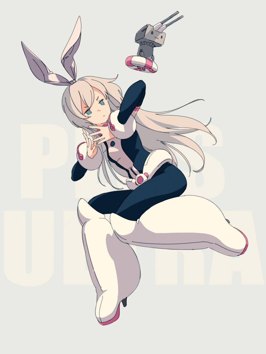 1girl absurdres background_text bangs blonde_hair blue_eyes bodysuit boku_no_hero_academia boots bracelet breasts closed_mouth cosplay hairband high_heel_boots high_heels highres innertube jewelry kantai_collection kokudou_juunigou long_hair rensouhou-chan shimakaze_(kancolle) simple_background small_breasts uraraka_ochako uraraka_ochako_(cosplay)