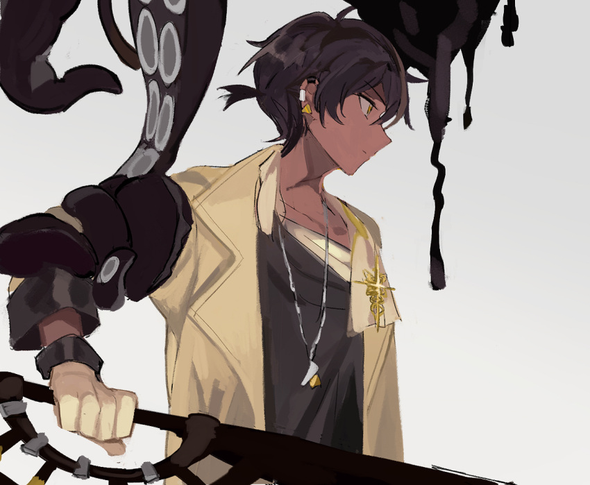 1boy arknights black_hair black_shirt brown_coat closed_mouth coat commentary_request dark-skinned_male dark_skin ear_clip expressionless from_side gloves grey_background holding holding_sword holding_weapon ink jewelry looking_away male_focus marumarukin necklace open_clothes open_coat orange_eyes profile shirt short_hair short_ponytail simple_background solo sword tentacle_grab tentacles tentacles_on_male thorns_(arknights) upper_body weapon white_gloves