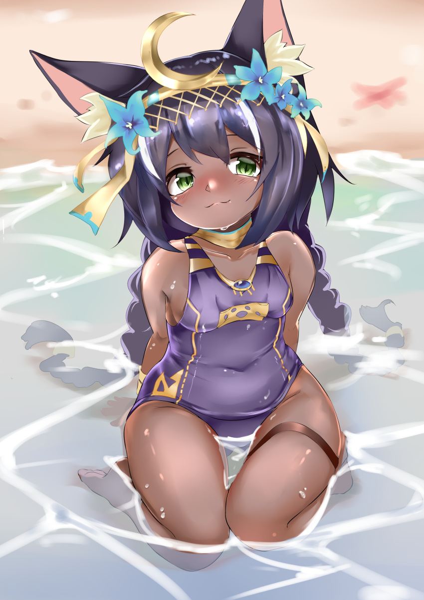 1girl absurdres animal_ear_fluff animal_ears arms_behind_back beach black_hair blue_swimsuit bracelet braid breasts cat_ears character_request clover_theater dark_skin flower from_above green_eyes hair_flower hair_ornament highres jewelry long_hair looking_up low_twintails one-piece_swimsuit outdoors school_swimsuit shengyu_no_xiaoa sitting small_breasts smile solo swimsuit thigh_gap thighs tiara twin_braids twintails very_long_hair water