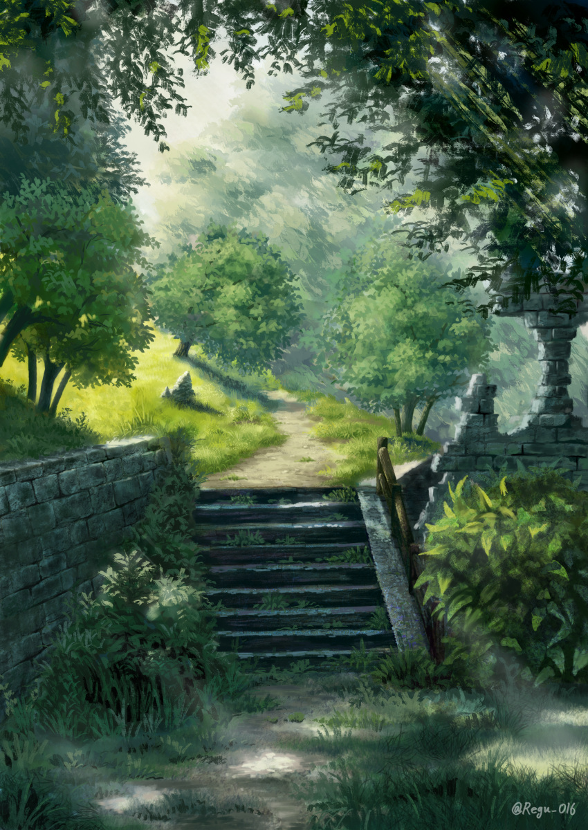 absurdres artist_name day grass highres huge_filesize original outdoors path regu_(7lava) ruins scenery stairs tree