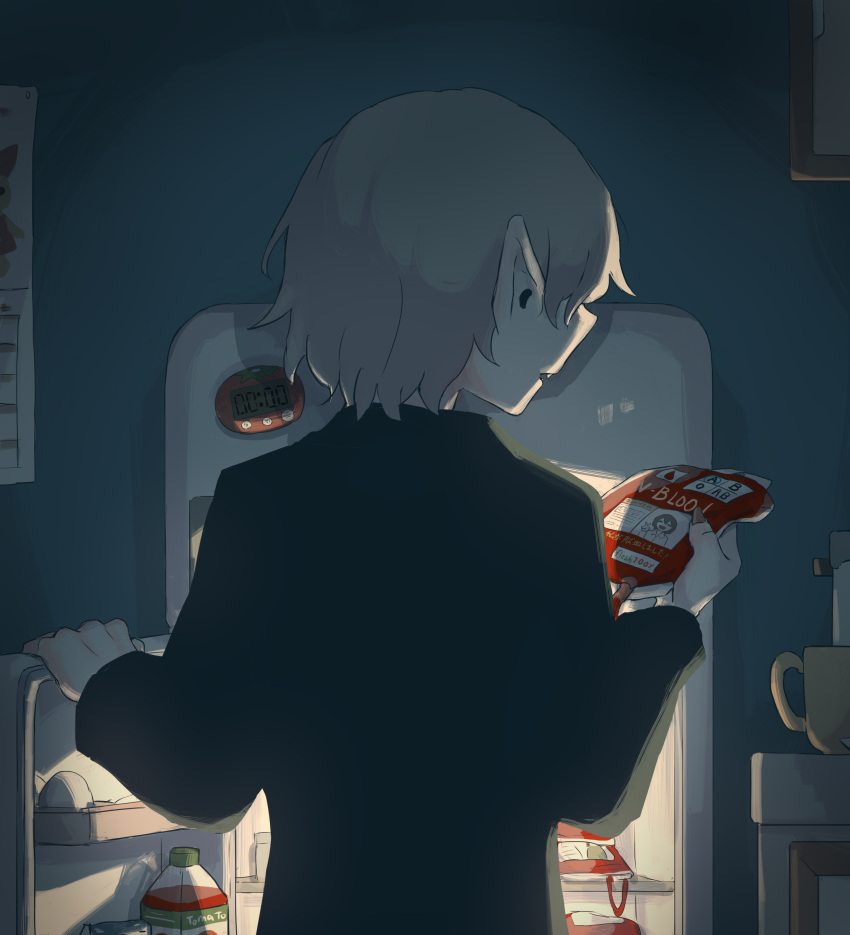 1boy absurdres avogado6 black_shirt blood blood_bag colored_skin commentary_request facing_away fangs from_behind grey_hair highres holding magnet male_focus original parted_lips pointy_ears refrigerator refrigerator_magnet shirt solo vampire white_skin