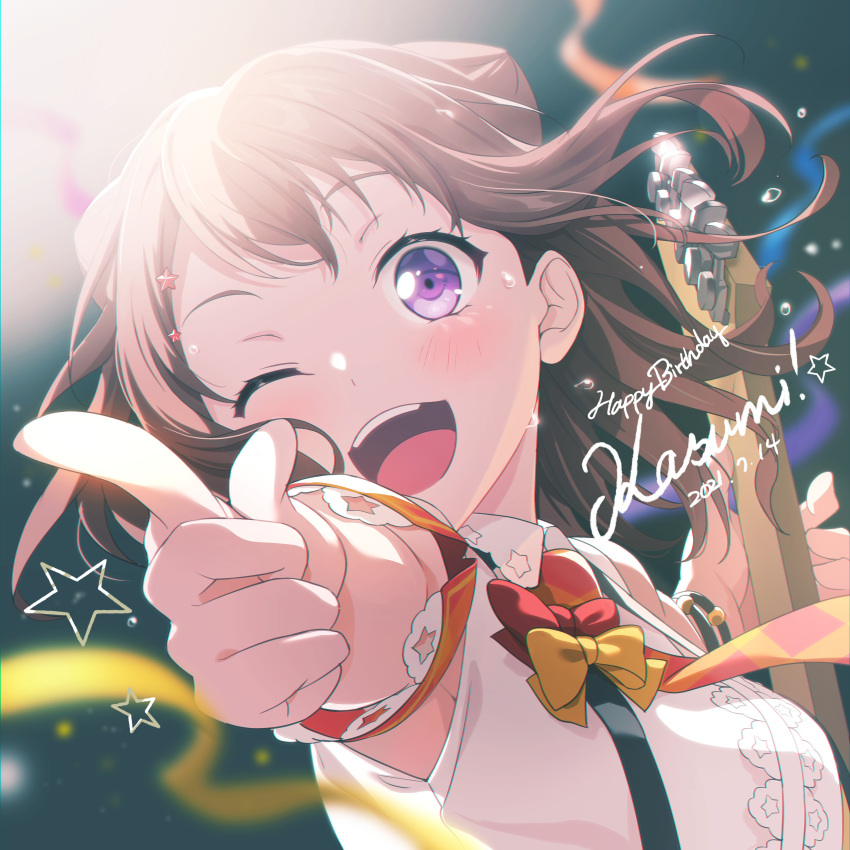 1girl ;d absurdres bang_dream! bangs blurry blurry_background blush bow bracelet breasts brown_hair character_name confetti dated english_text guitar hair_ornament happy_birthday highres holding holding_instrument instrument jewelry looking_at_viewer medium_breasts medium_hair multicolored_neckwear necktie nobusawa_osamu official_art one_eye_closed open_mouth orange_bow red_bow shirt sidelocks sleeveless sleeveless_shirt smile solo star_(symbol) star_hair_ornament streamers suspenders sweat toyama_kasumi upper_body upper_teeth violet_eyes white_shirt