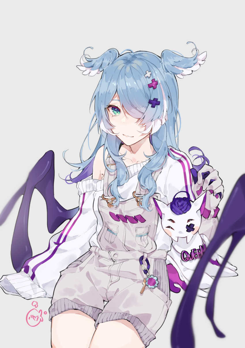 1girl ^_^ animal_ears blue_hair blush closed_eyes dragon dragon_ears dragon_girl elira_pendora extra_eyes gloves grey_gloves grey_overalls hayate_fish highres long_hair looking_at_viewer low_wings mole nijisanji nijisanji_en off_shoulder one_eye_covered overall_shorts overalls pikl_(elira_pendora) single_glove sitting smile solo sweater virtual_youtuber white_sweater wings