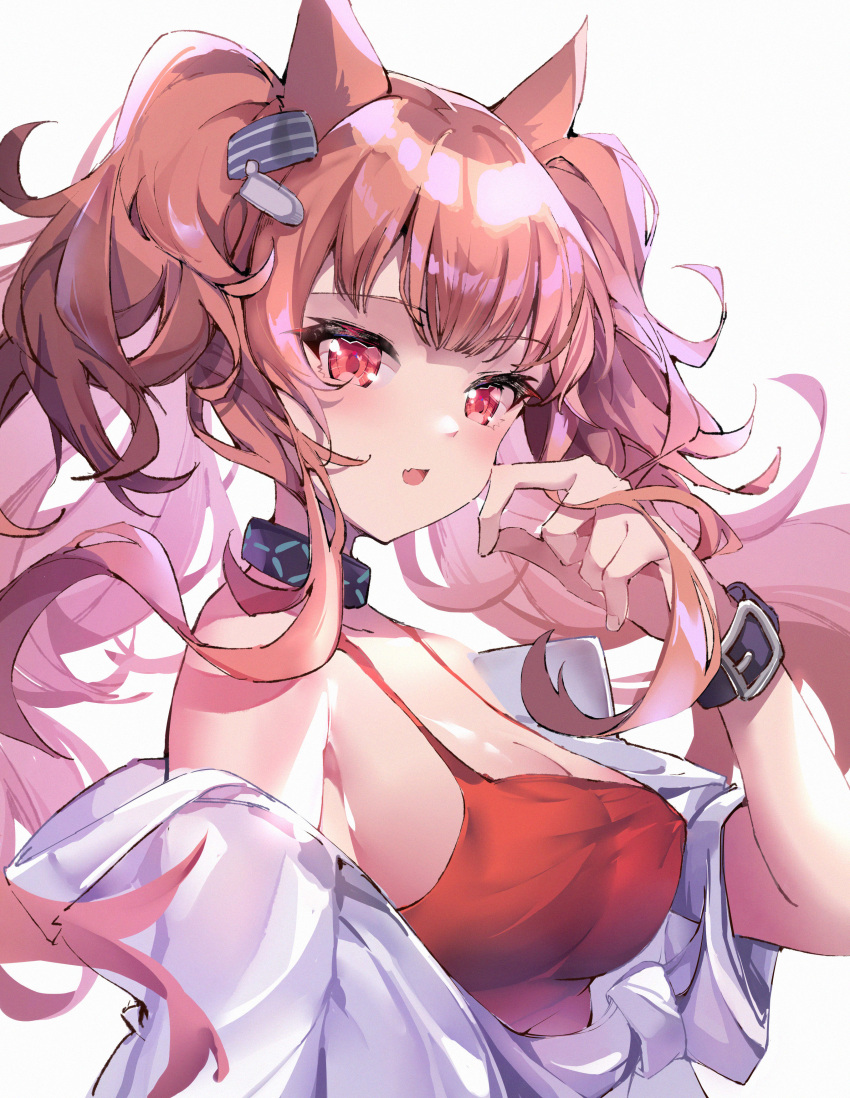 1girl a_fu_jiade_luo absurdres angelina_(arknights) angelina_(summer_flowers)_(arknights) animal_ears arknights bangs black_choker brown_eyes brown_hair chinese_commentary choker commentary_request eyebrows_visible_through_hair fox_ears from_side hair_ornament hand_in_hair highres infection_monitor_(arknights) looking_at_viewer parted_lips red_swimsuit see-through simple_background solo swimsuit twintails white_background
