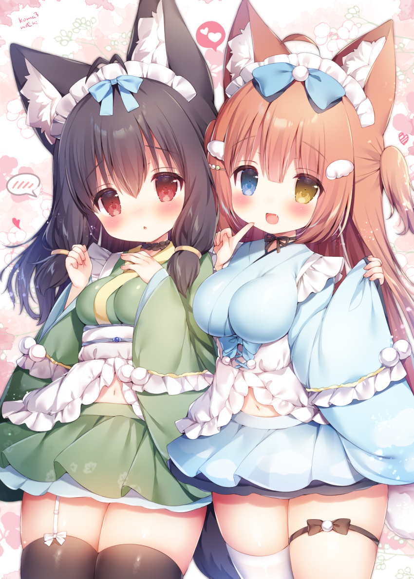2girls :d ahoge animal_ear_fluff animal_ears antenna_hair apron black_hair black_legwear blue_eyes blue_kimono blue_skirt blush breasts brown_eyes brown_hair chestnut_mouth commentary_request fang floral_background frilled_apron frills green_kimono green_skirt hands_up heart heterochromia highres index_finger_raised japanese_clothes kimono long_sleeves maid_headdress medium_breasts momozu_komamochi multiple_girls navel open_mouth original parted_lips pinching_sleeves pleated_skirt red_eyes single_thighhigh skirt sleeves_past_wrists smile spoken_blush spoken_heart thigh-highs two_side_up wa_maid waist_apron white_apron white_legwear wide_sleeves wing_hair_ornament