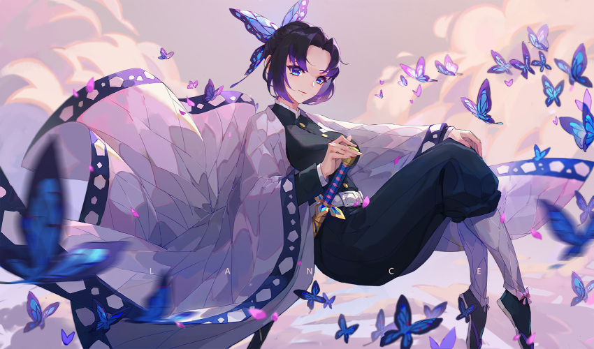 1girl artist_name belt belt_buckle black_hair black_jacket black_pants blue_eyes breasts buckle bug butterfly butterfly_hair_ornament closed_mouth colored_tips floating full_body hair_ornament haori highres insect jacket japanese_clothes katana kimetsu_no_yaiba kochou_shinobu lance_(lancelliu) large_breasts lips looking_at_viewer multicolored_hair pants purple_hair sheath sheathed solo sword two-tone_hair weapon white_belt