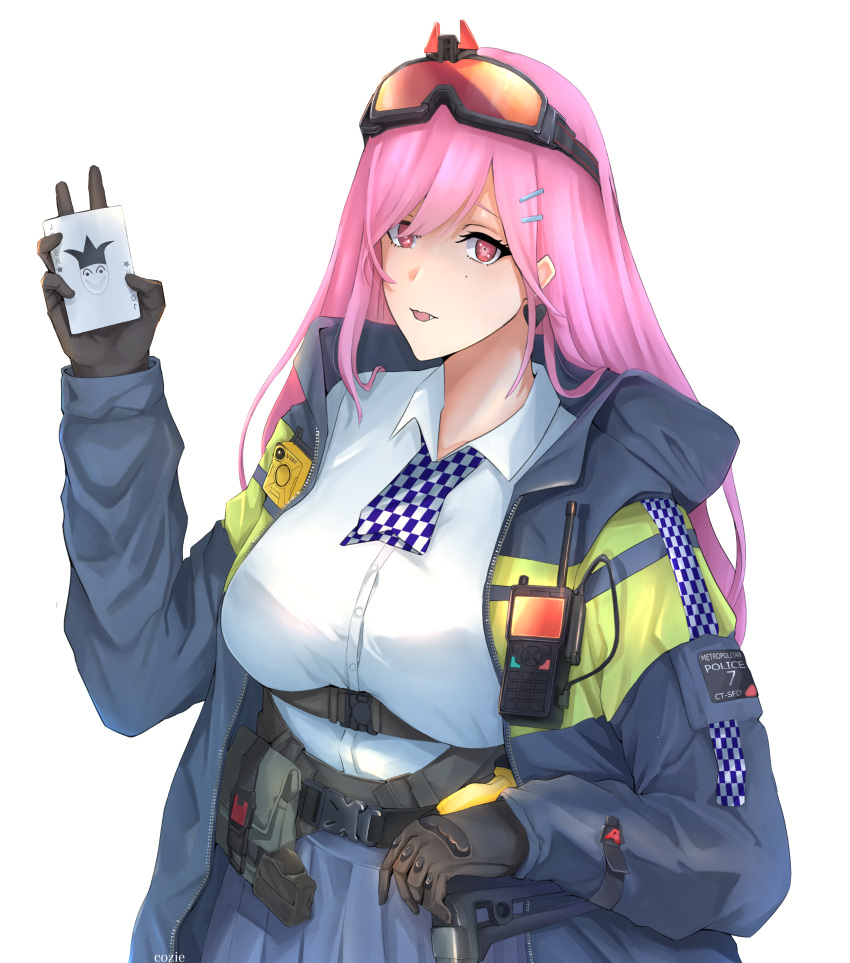 1girl absurdres bangs belt black_gloves blue_skirt breasts card cozie178 eyebrows_visible_through_hair eyewear_on_head girls_frontline gloves highres holding holding_card holstered_weapon joker_(card) large_breasts long_hair looking_at_viewer open_mouth pink_eyes pink_hair playing_card police police_uniform shirt sig_mcx_(girls_frontline) sig_sauer skirt solo uniform walkie-talkie white_background white_shirt