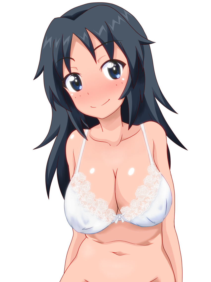 1girl bow bow_bra bra breasts closed_mouth commentary freckles girls_und_panzer gogopaint highres lace-trimmed_bra lace_trim large_breasts long_hair looking_at_viewer navel simple_background smile solo underwear underwear_only yamagou_ayumi