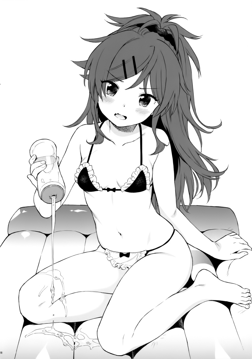 1girl absurdres air_mattress bangs bare_arms bare_legs bare_shoulders barefoot bikini blush breasts chigusa_asuha collarbone commentary eyebrows_visible_through_hair fang frilled_bikini frills full_body greyscale hair_ornament hair_scrunchie hairclip head_tilt high_ponytail highres holding long_hair looking_at_viewer lotion_bottle maid_bikini monochrome navel open_mouth ponytail qualidea_code scan scrunchie sekiya_asami simple_background sitting small_breasts solo stomach swimsuit thighs v-shaped_eyebrows white_background yokozuwari