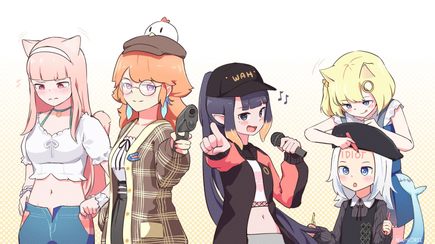 5girls :q animal_ears beret blonde_hair blue_eyes blush closed_mouth commentary english_commentary fish_tail forehead_writing gawr_gura glasses gun hair_ornament hat hat_writing highres holding holding_gun holding_microphone holding_weapon hololive hololive_english microphone midriff monocle_hair_ornament mori_calliope multiple_girls namii_(namialus_m) navel ninomae_ina'nis open_mouth orange_hair pink_hair pointing pointy_ears red_eyes shark_tail split_mouth tail takanashi_kiara tentacle_hair tongue tongue_out violet_eyes virtual_youtuber watson_amelia weapon