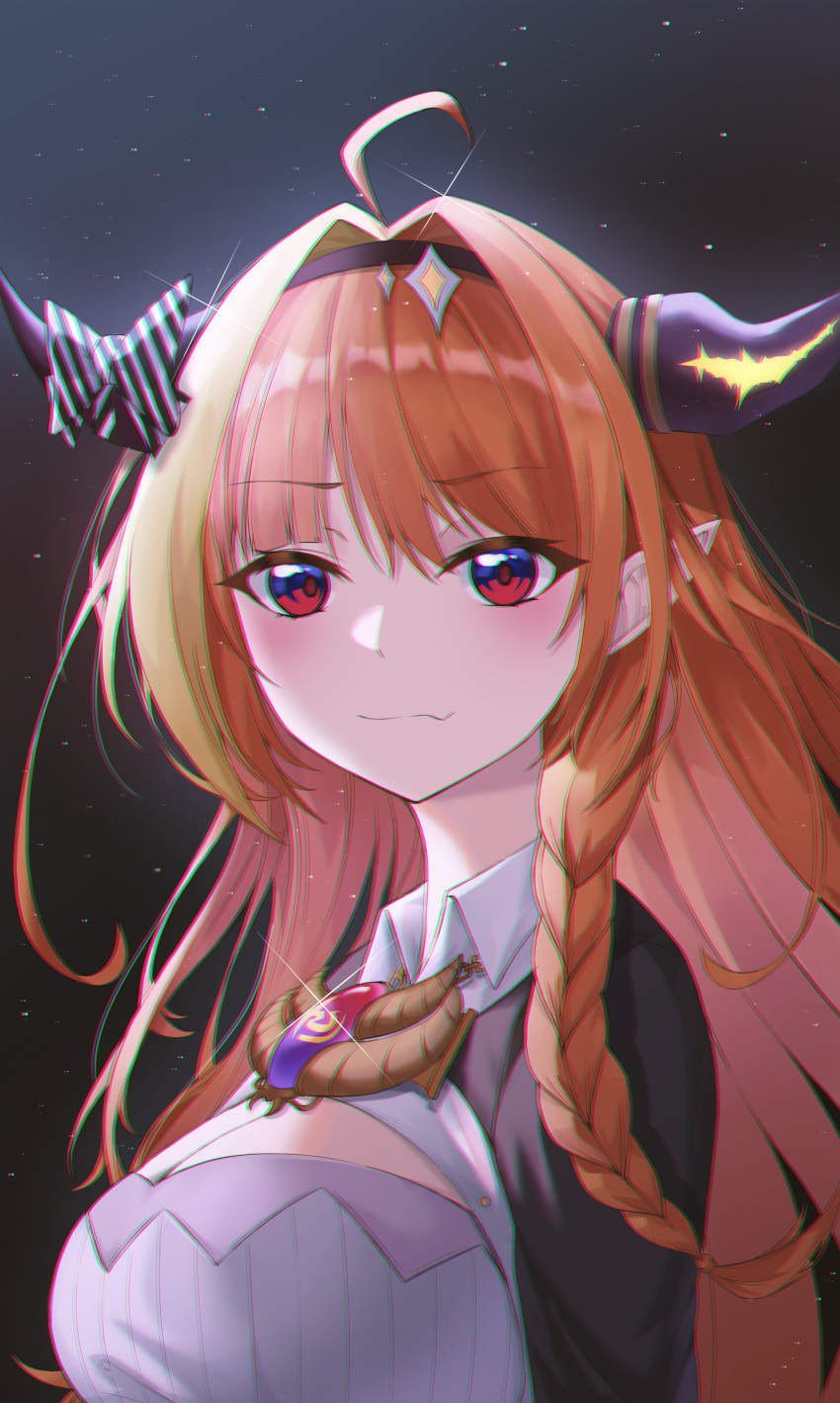 1girl absurdres ahoge blonde_hair bow braid diagonal-striped_bow dragon_girl dragon_horns highres hololive horn_bow horn_ornament horns kiryu_coco long_hair multicolored_hair nacho_1103 orange_hair portrait red_eyes side_braid solo streaked_hair striped striped_bow virtual_youtuber