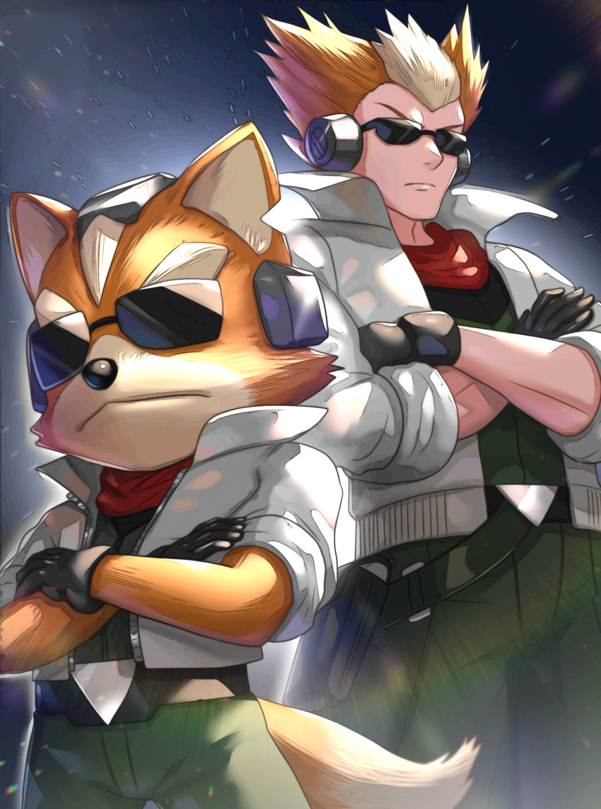 2boys absurdres blonde_hair brown_hair f-zero furry gloves gonzarez highres james_mccloud long_hair multiple_boys short_hair smile star_fox sunglasses tail