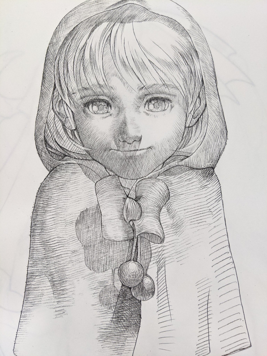 1girl bulleta cloak closed_mouth greyscale hatching_(texture) highres hood hood_up hooded_cloak looking_at_viewer monochrome simple_background sketch smile solo takayuki_nakayama traditional_media transparent upper_body vampire_(game) white_background