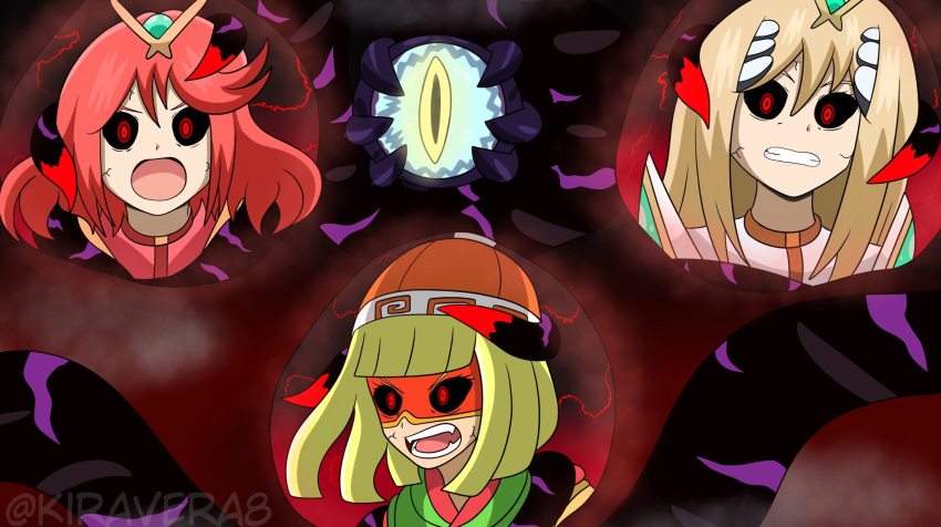 alternate_eye_color angry arms_(game) beanie black_sclera blonde_hair colored_sclera corruption crossover dark_persona dharkon glowing glowing_eyes hal_laboratory hat highres kiravera8 long_hair looking_at_viewer monolith_soft nintendo open_mouth possessed red_eyes redhead short_hair slit_pupils super_smash_bros. tentacles veins watermark xeno_(series) xenoblade_chronicles_(series) xenoblade_chronicles_2