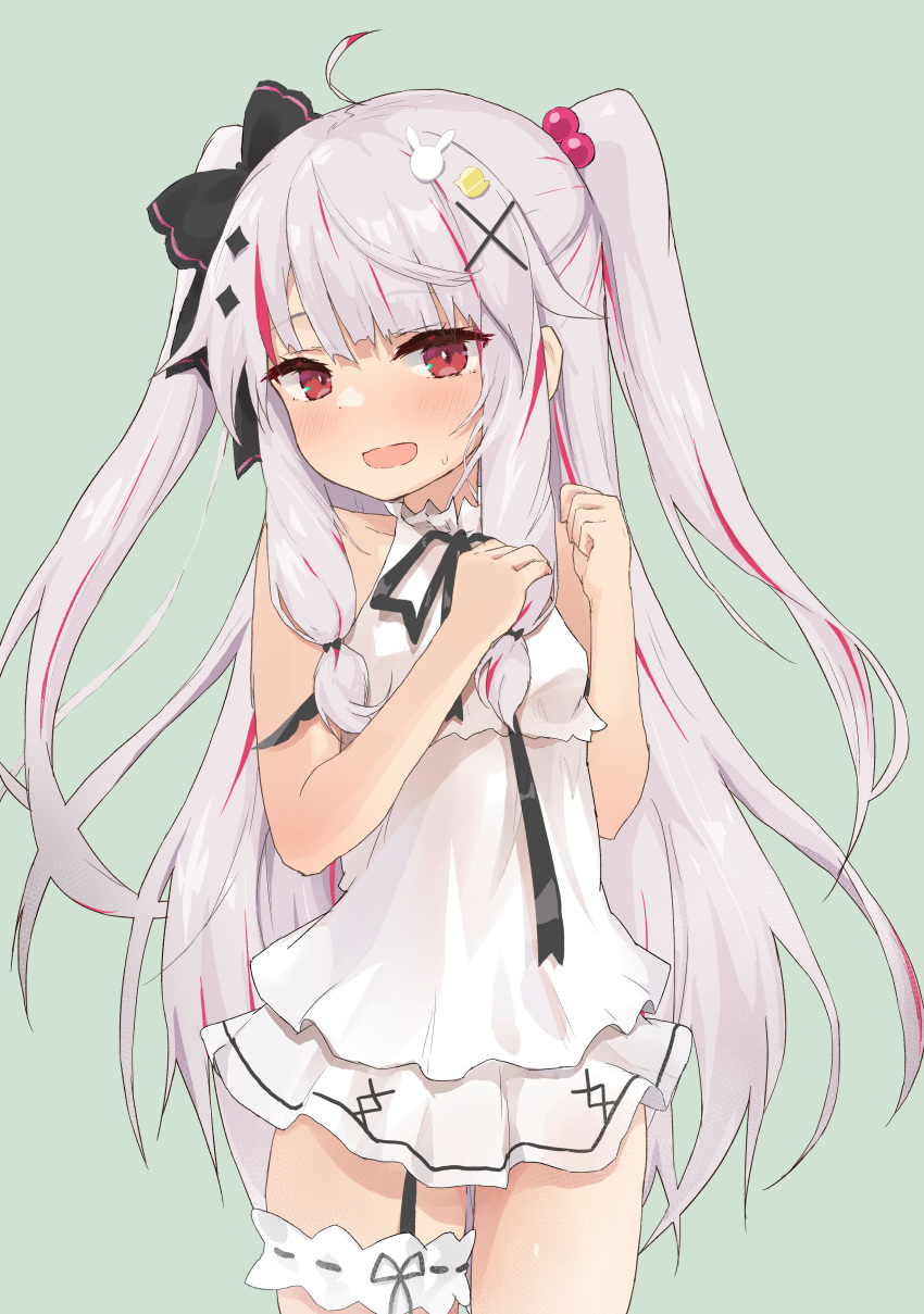 1girl :d absurdres ahoge bangs bare_arms bare_shoulders black_bow black_ribbon blush bow bunny_hair_ornament dress eyebrows_visible_through_hair green_background grey_hair hair_bobbles hair_bow hair_ornament hairclip hands_up highres long_hair looking_at_viewer multicolored_hair neck_ribbon nijisanji open_mouth purple_hair red_eyes ribbon simple_background sleeveless sleeveless_dress smile solo standing streaked_hair two_side_up very_long_hair white_dress x_hair_ornament yakihebi yorumi_rena younger