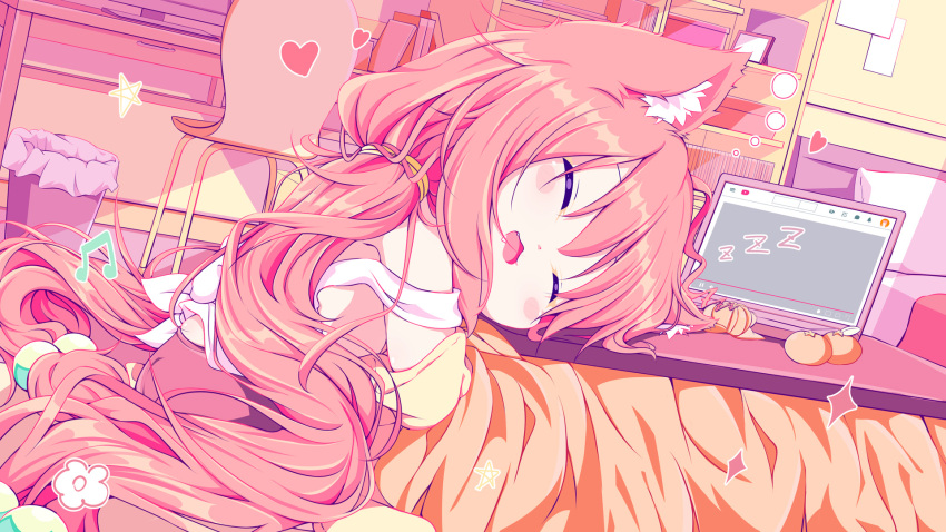 1girl animal_ear_fluff animal_ears bed blush_stickers book bubble chair closed_eyes commentary_request computer desk drooling flower_(symbol) food fruit heart highres hinata_channel indoors keyboard_(computer) kotatsu kurumai laptop long_hair loungewear mandarin_orange monitor musical_note nekomiya_hinata open_mouth picture_frame pink_hair sleeping solo sparkle star_(symbol) table trash_can twintails virtual_youtuber youtube_logo zzz