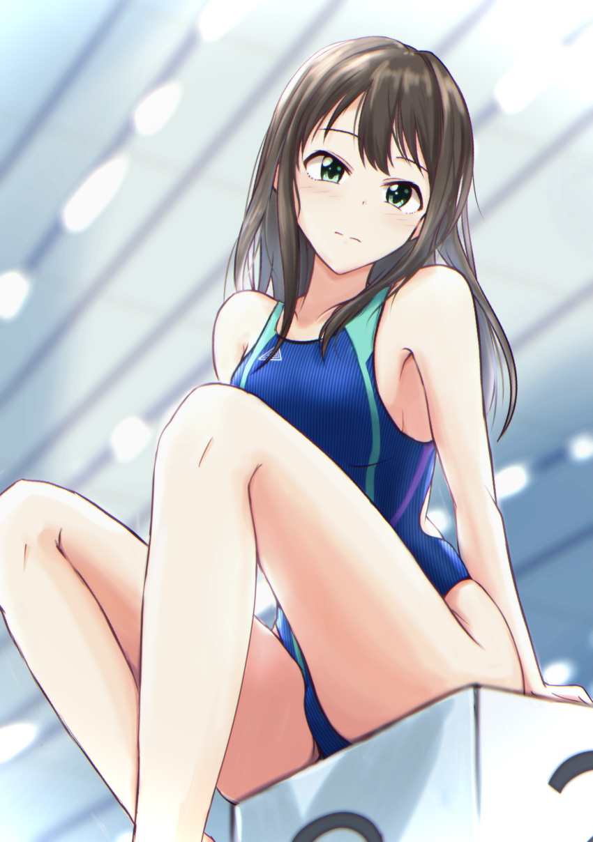 absurdres bare_legs blue_swimsuit brown_hair competition_swimsuit cyde highres idolmaster idolmaster_cinderella_girls indoors long_hair looking_at_viewer one-piece_swimsuit poolside shibuya_rin sitting starting_block swimsuit