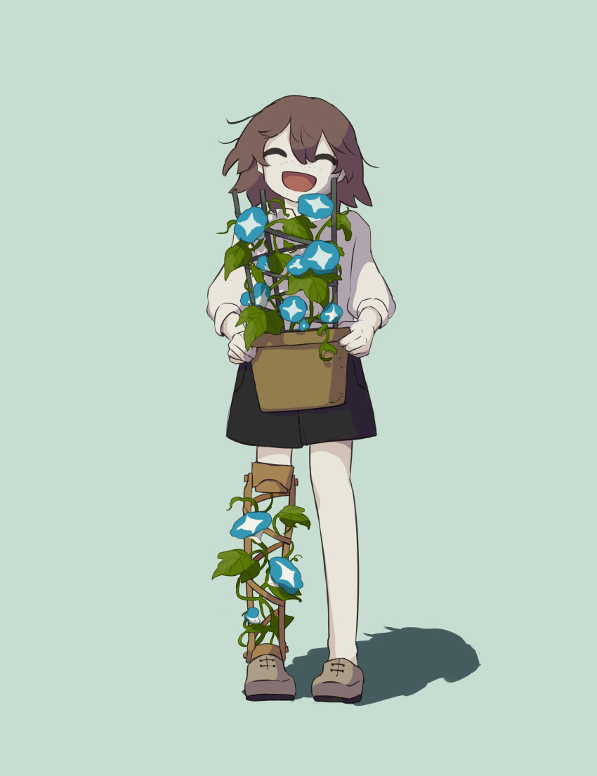 1other :d absurdres androgynous avogado6 black_shorts blue_background blue_flower brown_hair closed_eyes commentary_request facing_viewer flower flower_request freckles grey_flower highres holding holding_plant holding_pot open_mouth original plant pot potted_plant prosthesis prosthetic_leg shirt shoes shorts simple_background smile solo white_shirt