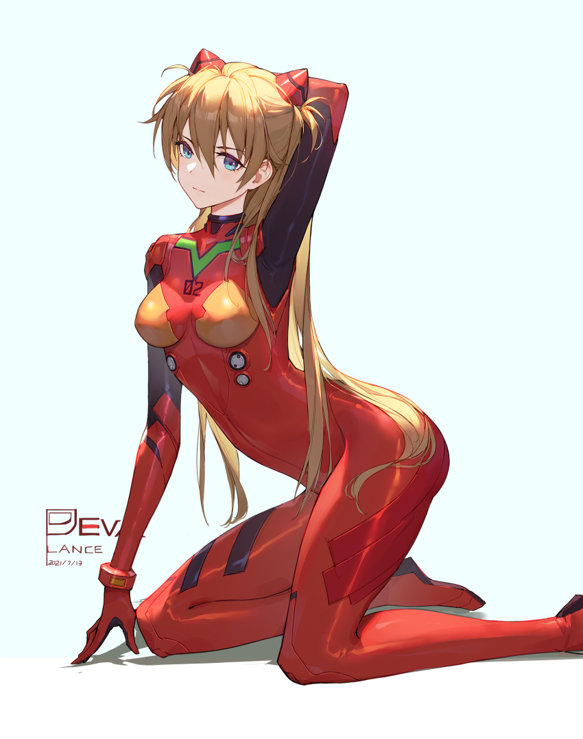 1girl arm_support arm_up artist_name bangs blue_eyes blush bodysuit bracer breasts brown_hair closed_mouth clothes_writing eva_(metal_gear) full_body gloves hair_between_eyes hairpods headgear highres interface_headset kneeling lance_(lancelliu) leaning_forward long_hair looking_at_viewer multicolored multicolored_bodysuit multicolored_clothes neon_genesis_evangelion orange_bodysuit pilot_suit plugsuit red_bodysuit sexually_suggestive small_breasts solo souryuu_asuka_langley turtleneck two_side_up